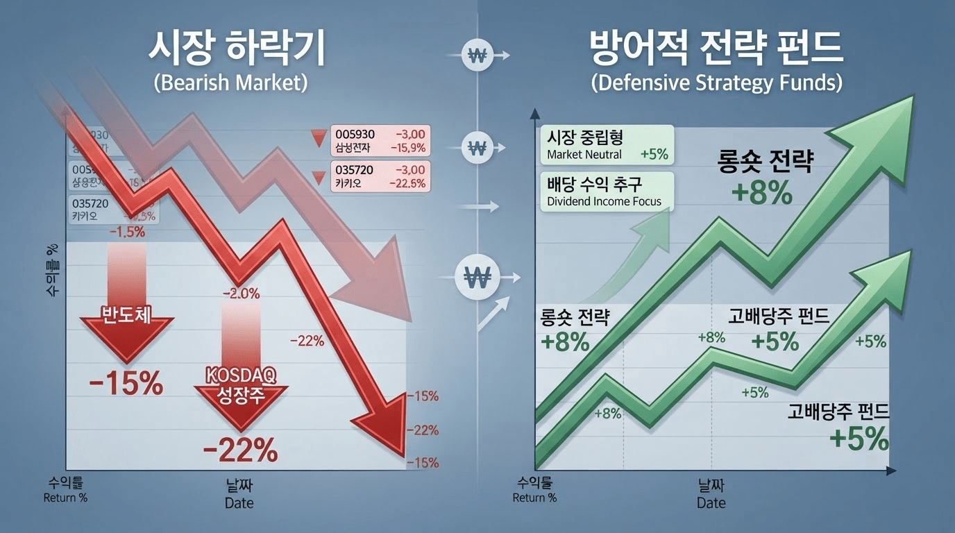 약세장서 승부 갈린 펀드 수익률 롱숏 전략과 고배당 펀드만 두각을 나타내다 하락장이 지속되면서 펀드 간 성과 차이가 뚜렷하게 벌어졌으며, 롱숏 전략과 고배당 중심 펀드만이 안정적인 수익률을 기록하며 주목받았다.