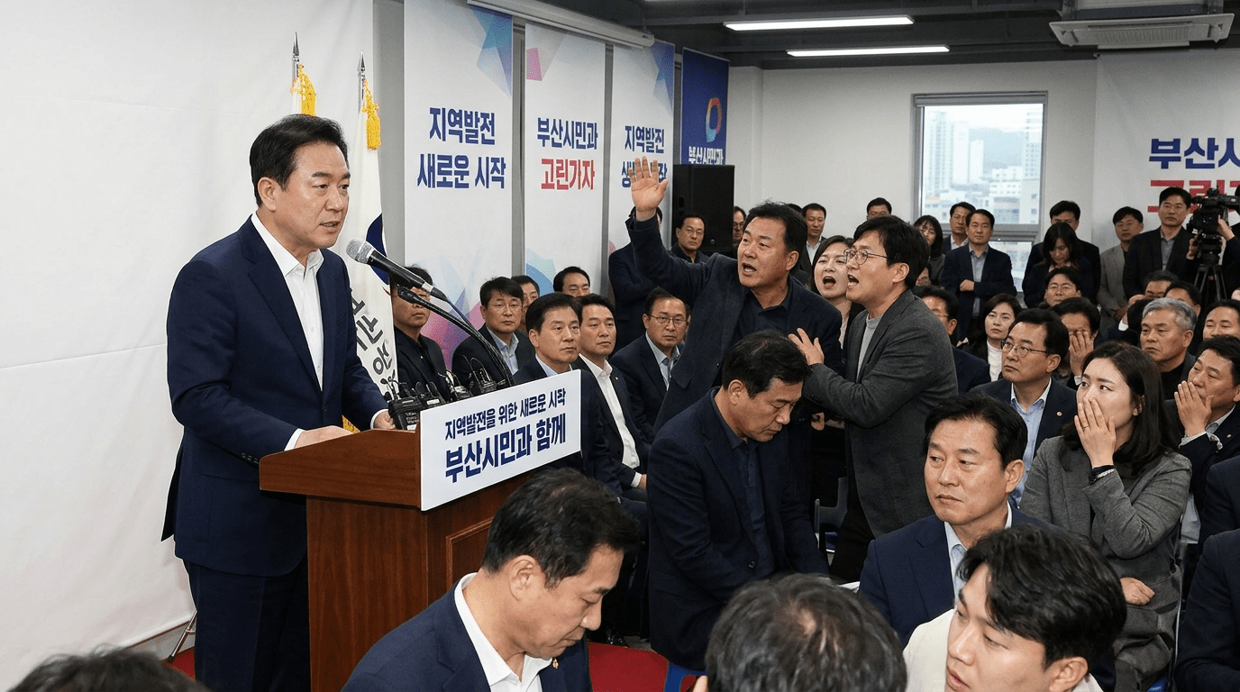 부산시장 개소식 현장서 소동이 벌어진 가운데, 조경태는 비상계엄 조치가 잘못됐다고 밝혔다